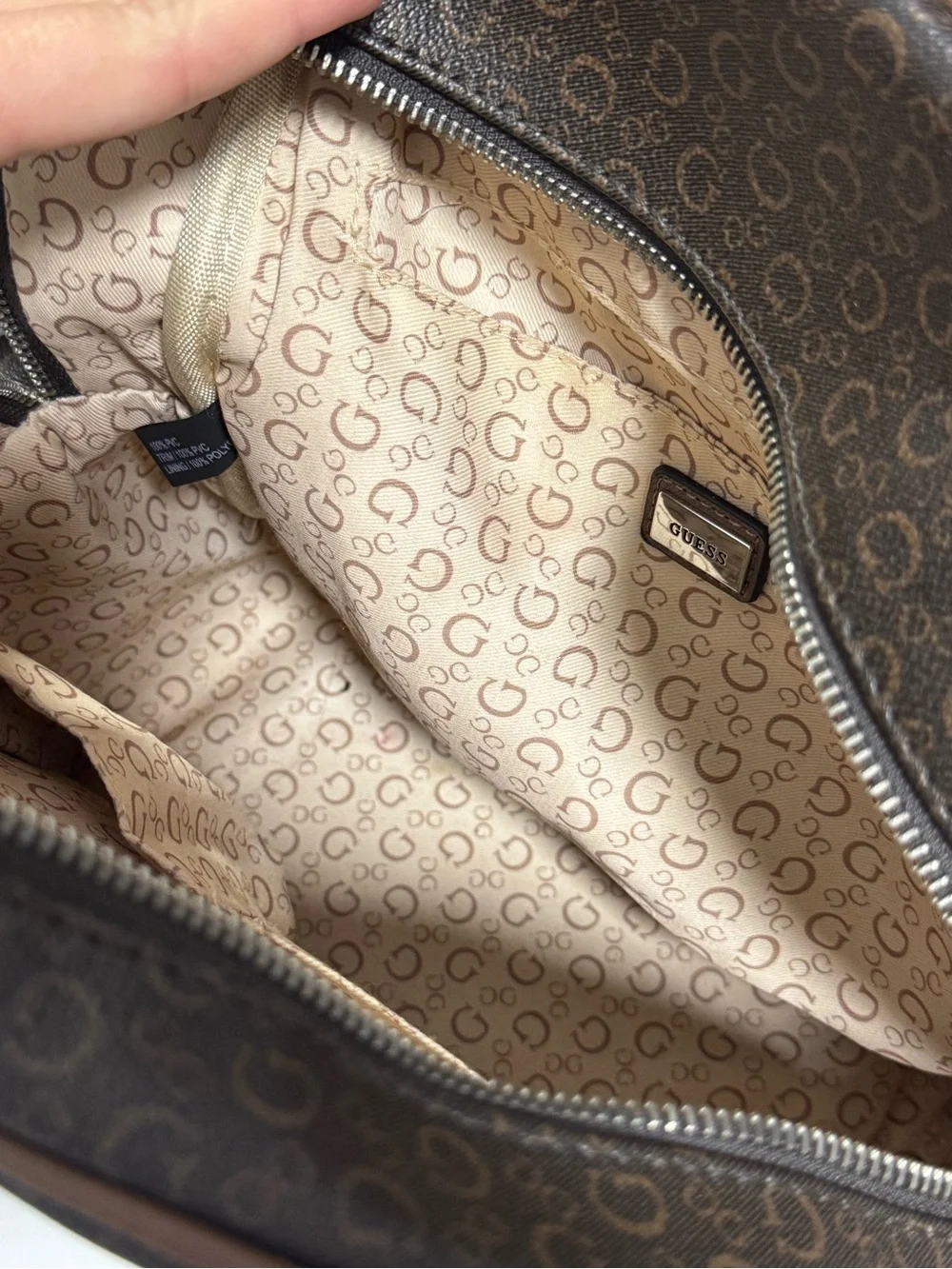 GUESS Brown Monogram Mini Backpack with Silver Logo